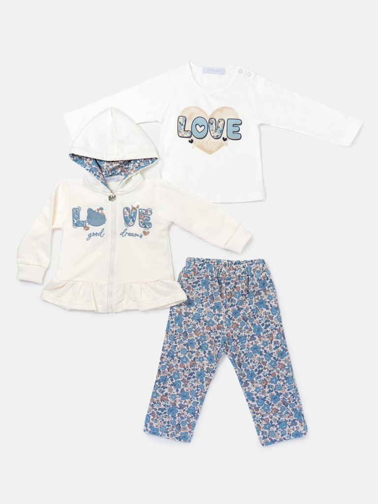 Baby Girl Fiorenza Collection 3-Piece Hooded Tracksuit Set with Floral Design - Blue