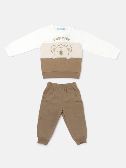 Baby Boy Pietro Collection 2-Piece Tracksuit Set with Koala Design - Light Brown