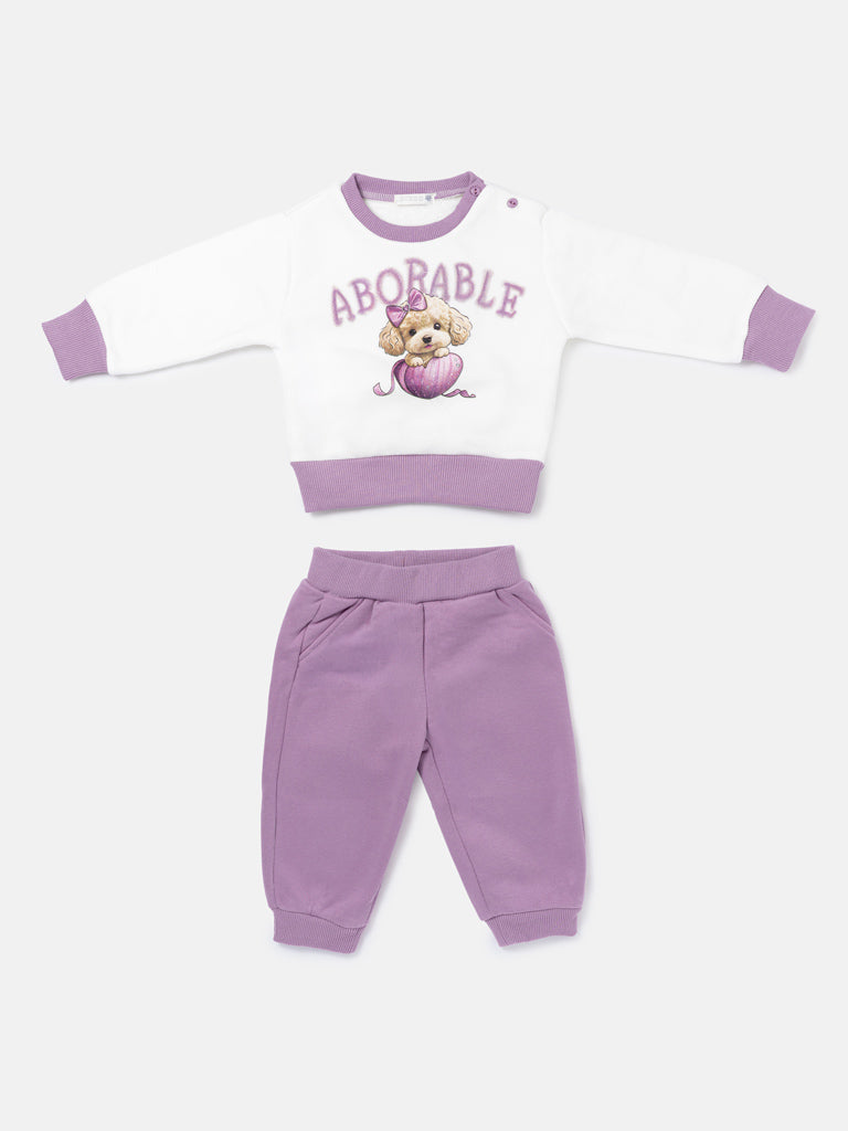 Baby Girl Chiara Collection 2-Piece Tracksuit Set with Adorable Dog Design - Lilac