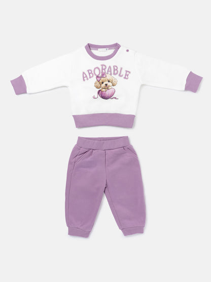 Baby Girl Chiara Collection 2-Piece Tracksuit Set with Adorable Dog Design - Lilac
