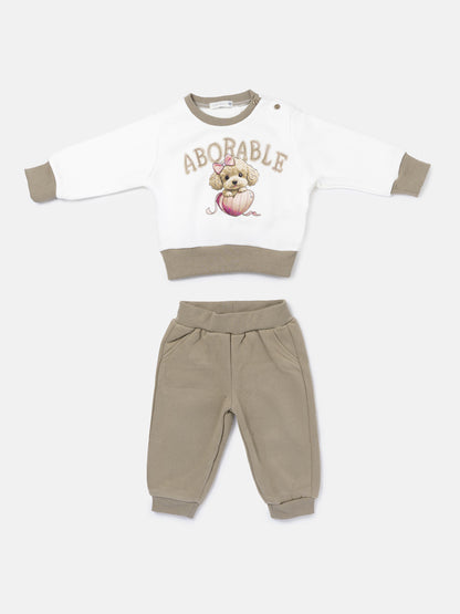 Baby Girl Chiara Collection 2-Piece Tracksuit Set with Adorable Dog Design - Beige