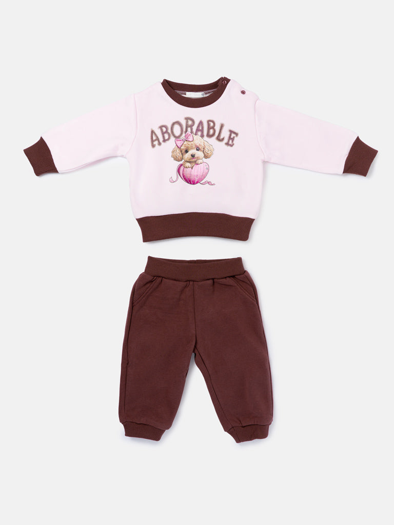 Baby Girl Chiara Collection 2-Piece Tracksuit Set with Adorable Dog Design - Chocolate Brown