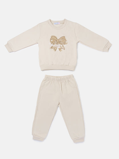 Baby Girl Viola Collection 2-Piece Tracksuit Set with Bow Design - Beige