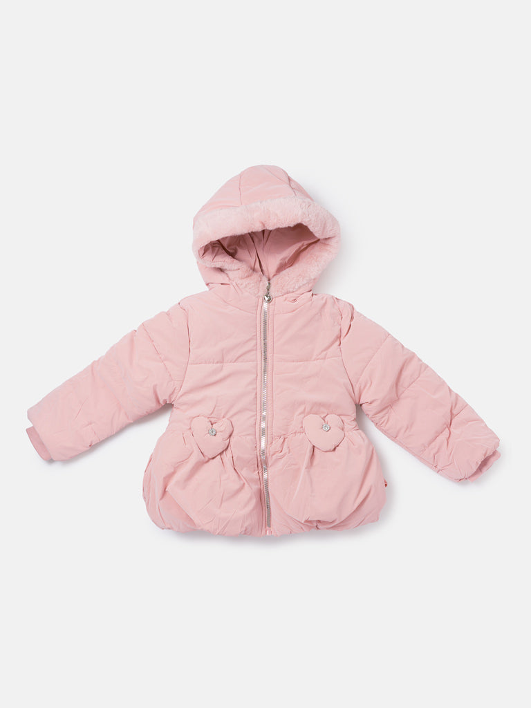 Baby Girl Padded Hooded Coat with Hearts Applique - Baby Pink