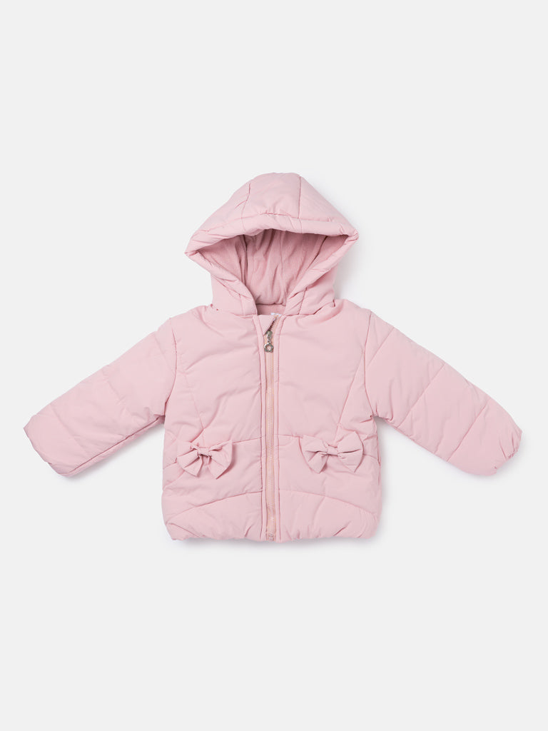 Baby Girl Padded Hooded Coat with 2 Bows - Baby Pink