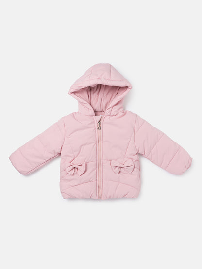 Baby Girl Padded Hooded Coat with 2 Bows - Baby Pink