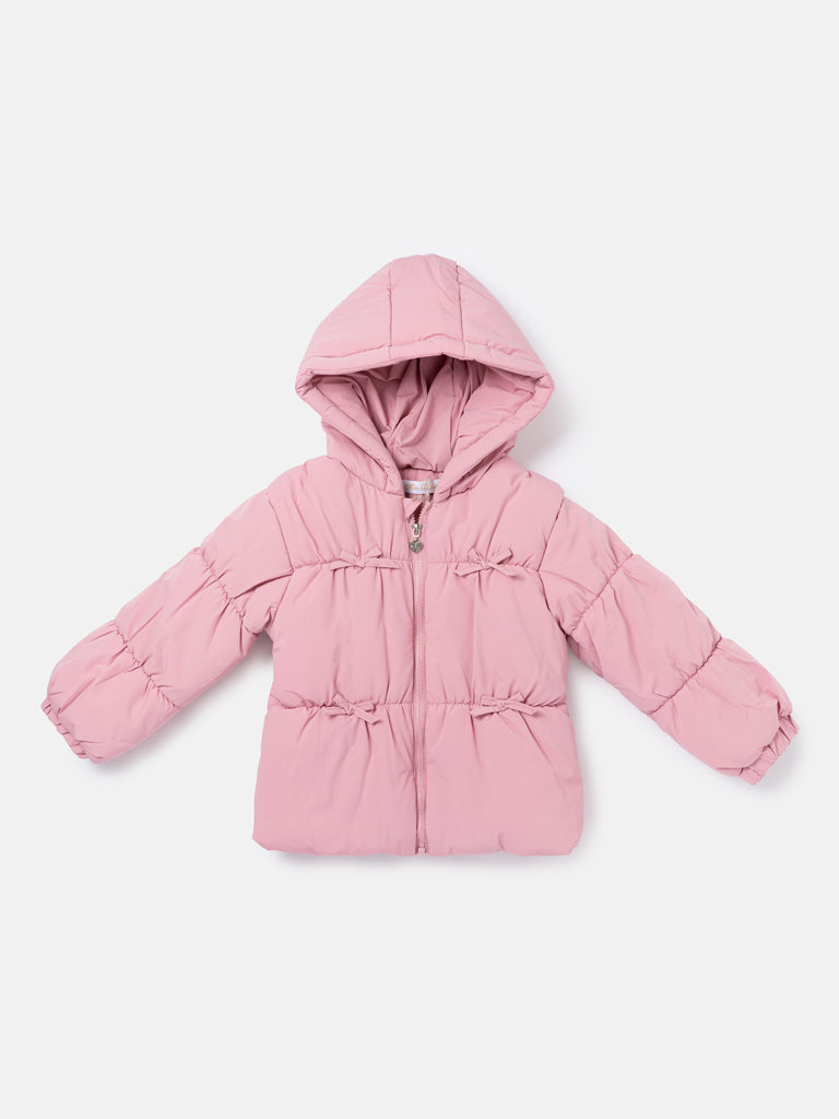 Baby Girl Padded Hooded Coat with 4 Little Bows - Light Dusty Pink