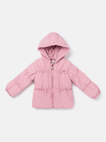 Baby Girl Padded Hooded Coat with 4 Little Bows - Light Dusty Pink