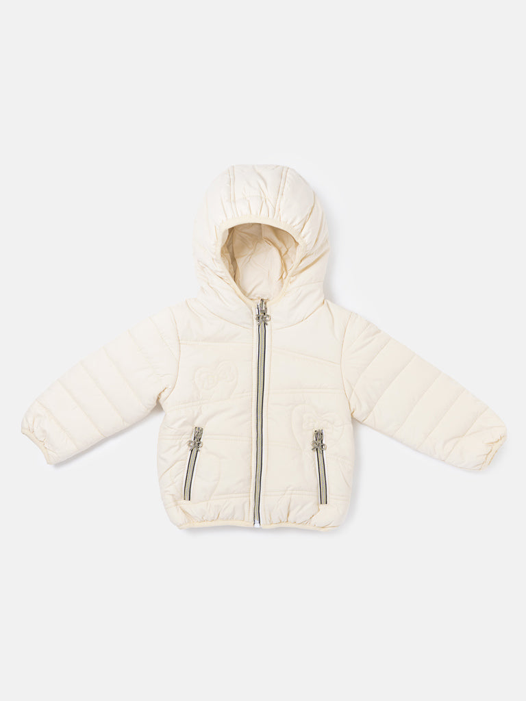 Baby Girl Padded Hooded Coat with Heart Pattern - Ivory