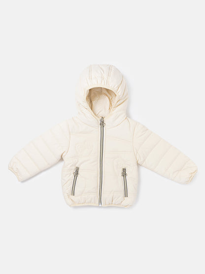 Baby Girl Padded Hooded Coat with Heart Pattern - Ivory