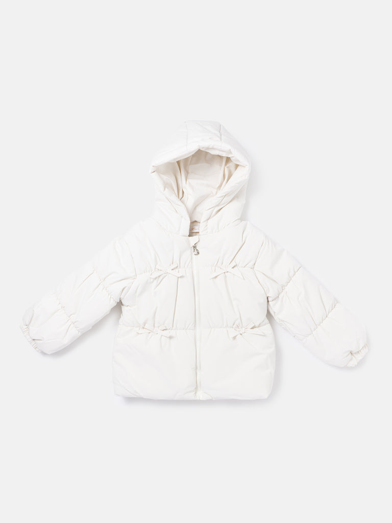 Baby Girl Padded Hooded Coat with 4 Little Bows - White