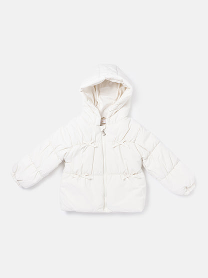 Baby Girl Padded Hooded Coat with 4 Little Bows - White