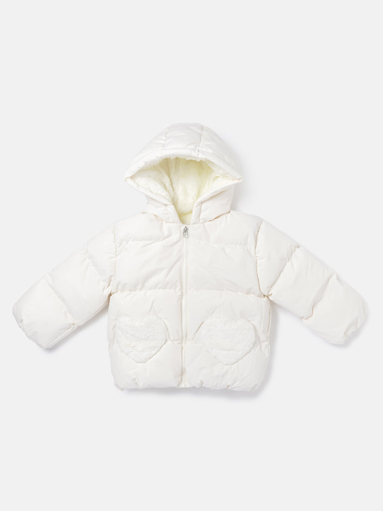 Baby Girl Padded Hooded Coat with Furry Heart Pockets - White