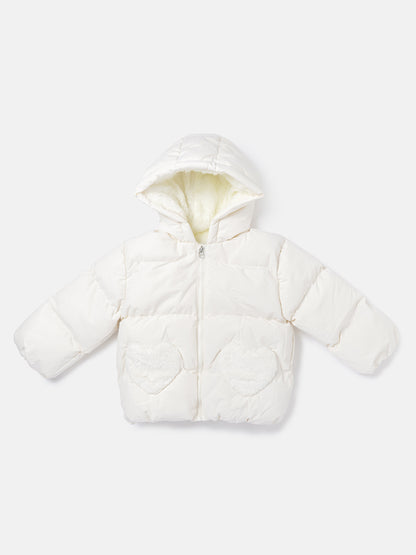 Baby Girl Padded Hooded Coat with Furry Heart Pockets - White