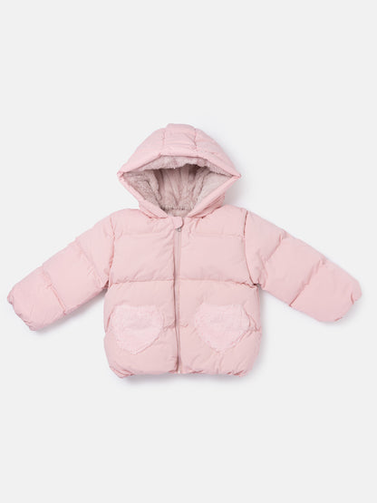 Baby Girl Padded Hooded Coat with Furry Heart Pockets - Baby Pink