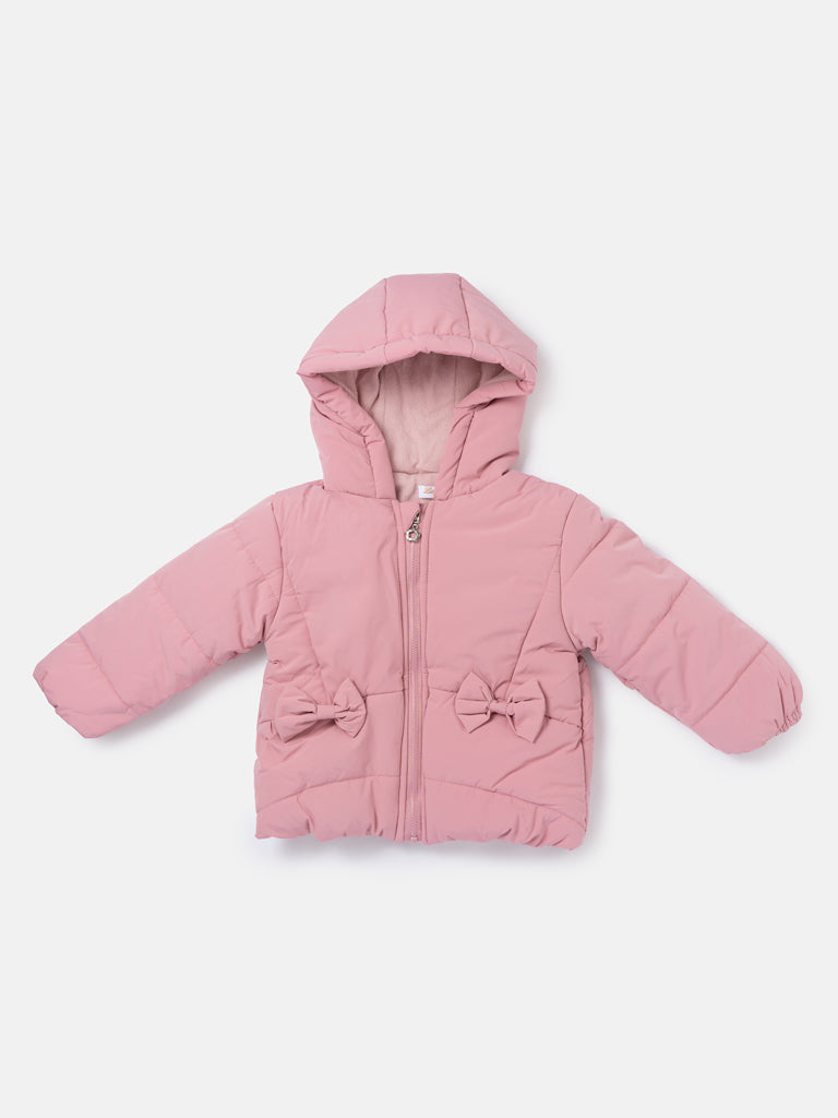 Baby Girl Padded Hooded Coat with 2 Bows - Light Dusty Pink