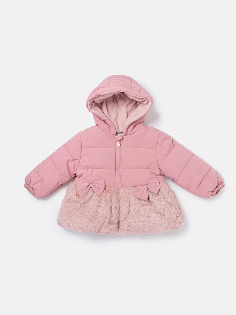 Baby Girl Silvery Hooded Coat with Fur & Bows - Light Dusty Pink