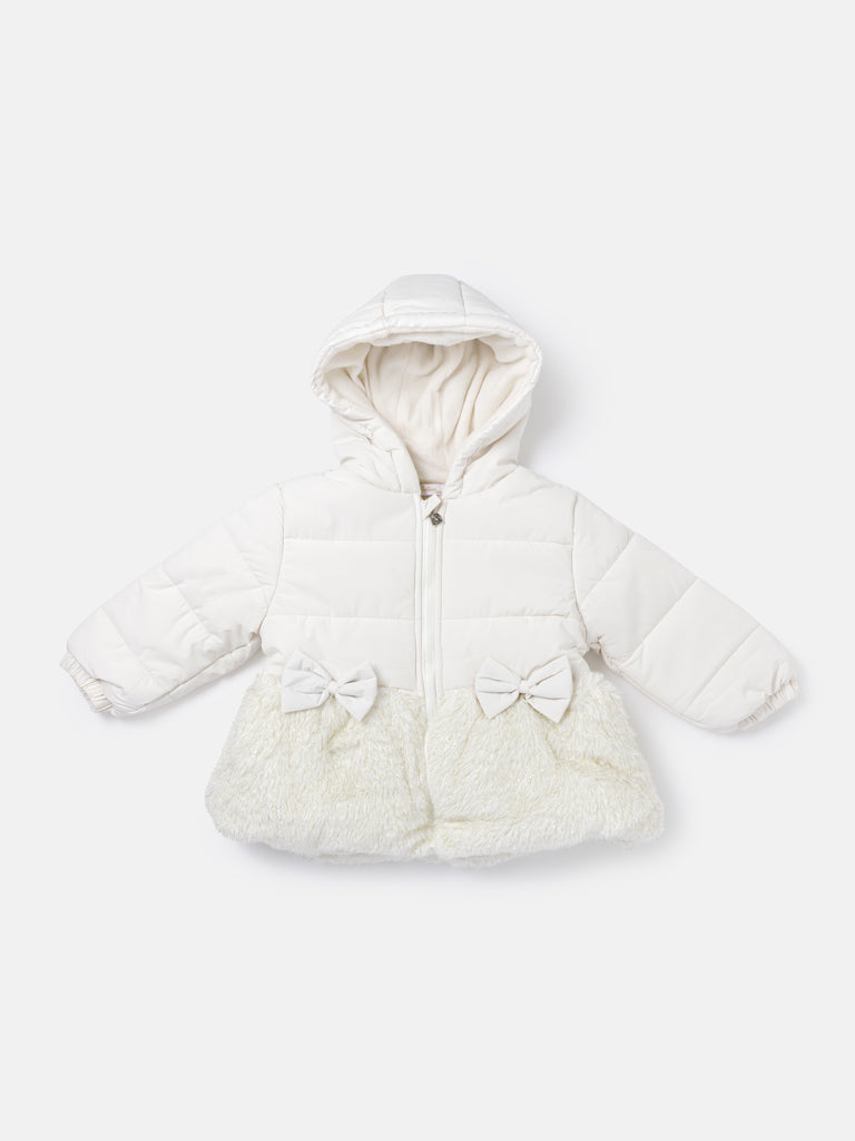 Baby Girl Silvery Hooded Coat with Fur & Bows - White