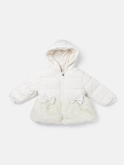 Baby Girl Silvery Hooded Coat with Fur & Bows - White