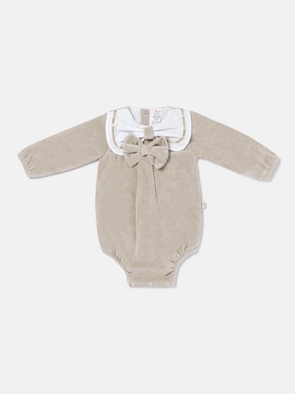 Baby Girl Rosamaria Collection Velour Romper with White Collar - Beige