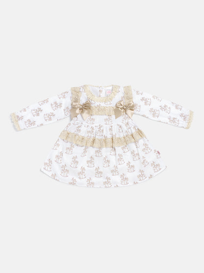 Baby Girl Dress with Bows & Lace - Rocking Horse Collection - Beige