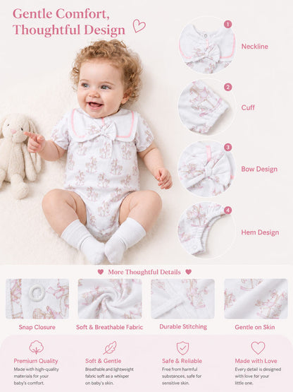 Baby Girl One-Piece Romper with Short Sleeves - Rocking Horse Collection - Baby Pink