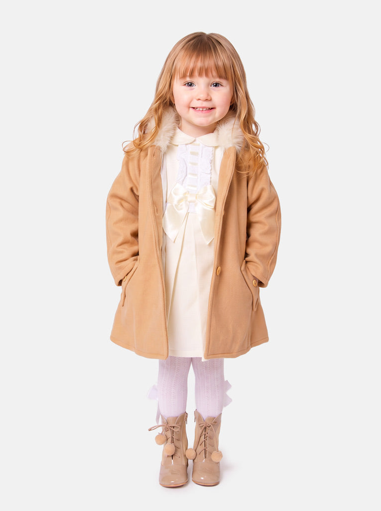 Baby Girl A-line Princess Spanish Hooded Coat with Faux Fur - Tan