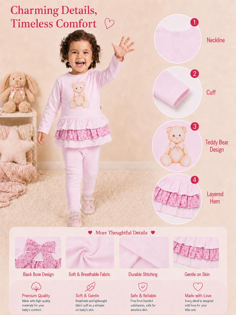 Baby Girl Top & Leggings Set - Teddy Bear Collection - Baby Pink