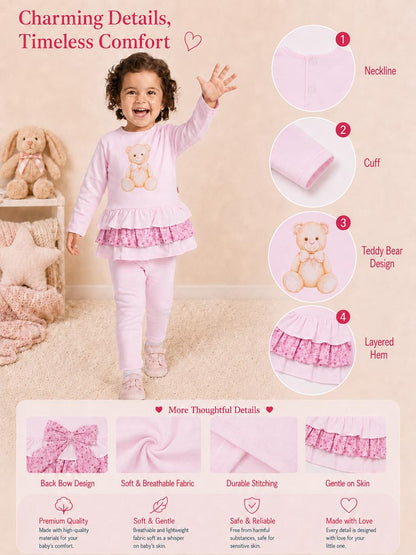 Baby Girl Top & Leggings Set - Teddy Bear Collection - Baby Pink