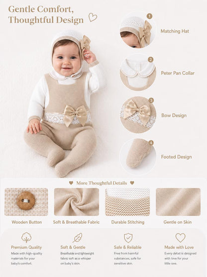 Baby Girl Xenia Collection 3-piece Knitted Dungaree Set - Beige