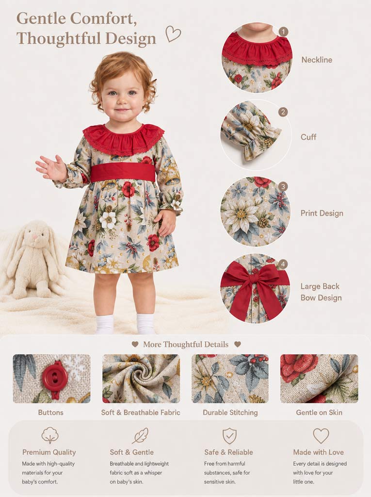 Baby Girl Navidad Collection Dress with Festive Print - Red & Dusty Blue