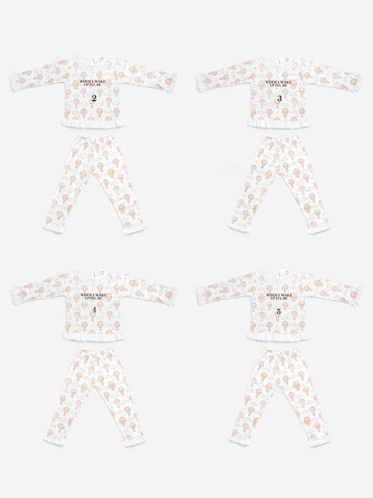 "When I Wake Up" Embroidered Girl 2-Piece Pyjama Set - Hot Air Balloon Collection - Beige