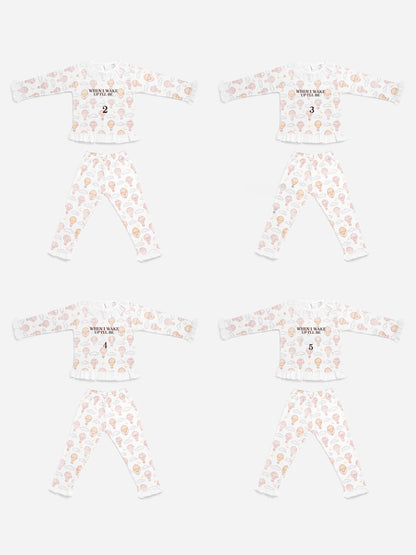 "When I Wake Up" Embroidered Girl 2-Piece Pyjama Set - Hot Air Balloon Collection - Beige