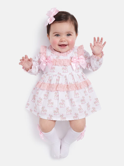 Baby Girl Dress with Bows & Lace - Rocking Horse Collection - Baby Pink