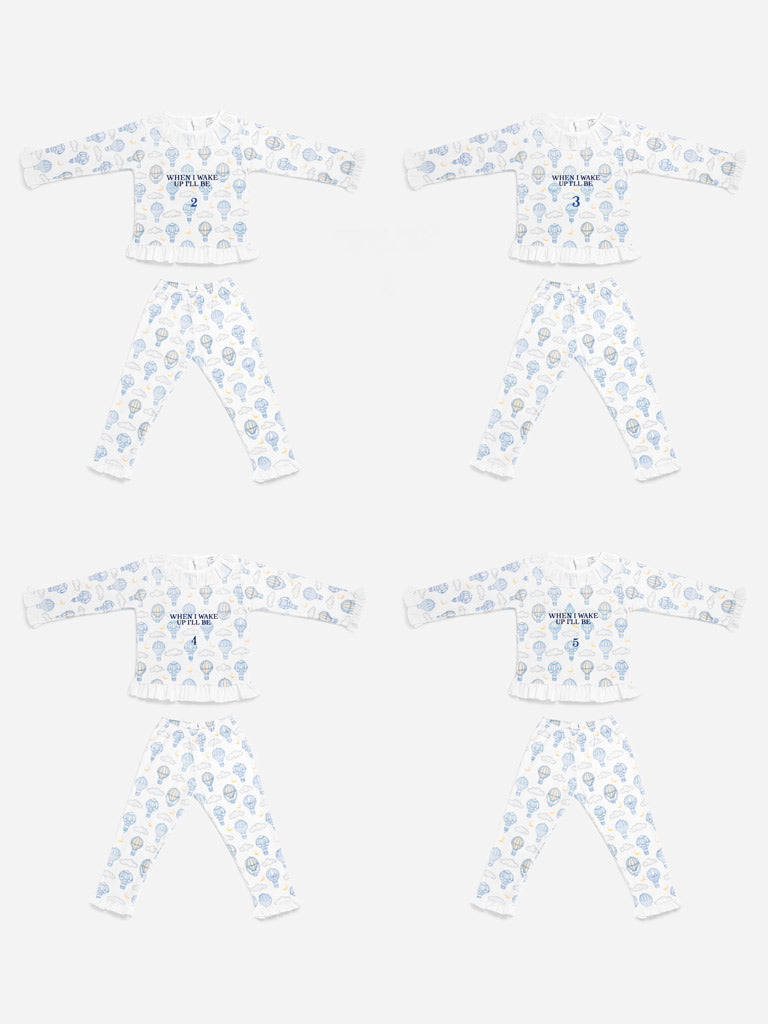 "When I Wake Up" Embroidered Girl 2-Piece Pyjama Set - Hot Air Balloon Collection - Baby Blue