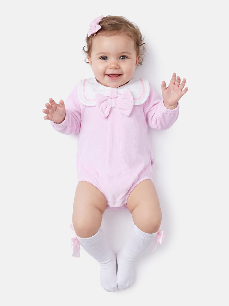 Baby Girl Rosamaria Collection Velour Romper with White Collar - Baby Pink