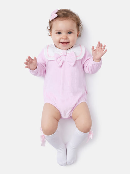 Baby Girl Rosamaria Collection Velour Romper with White Collar - Baby Pink