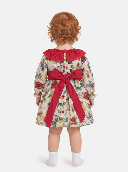 Baby Girl Navidad Collection Dress with Festive Print - Red & Dusty Blue