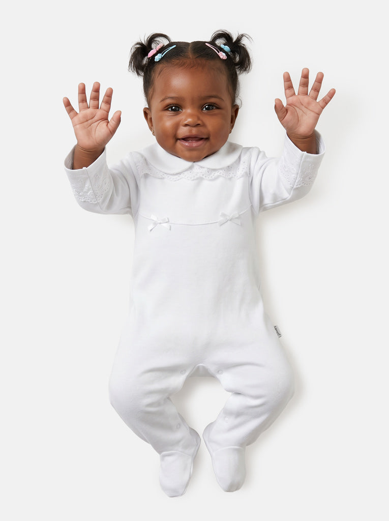 Baby Grow for Girls Eyelet Lace & Peter Pan Collar - White