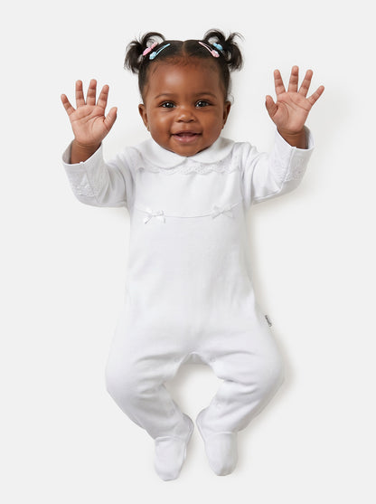 Baby Grow for Girls Eyelet Lace & Peter Pan Collar - White