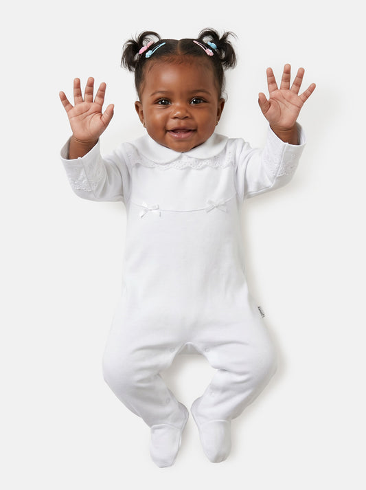 Baby Grow for Girls Eyelet Lace & Peter Pan Collar - White