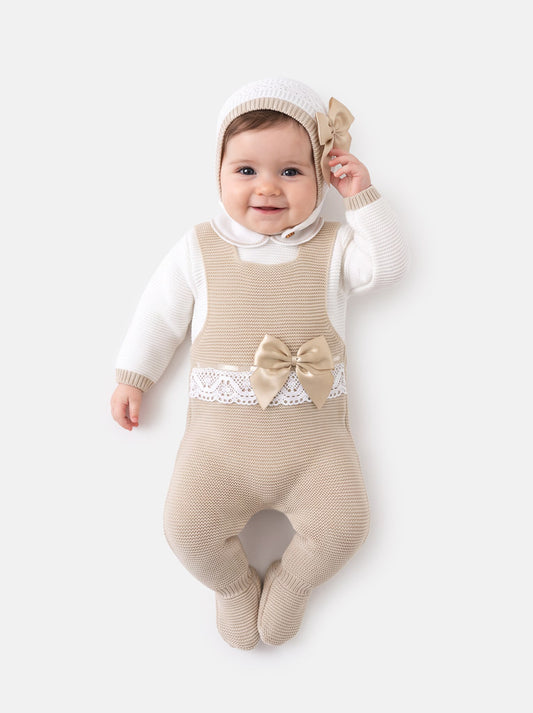 Baby Girl Xenia Collection 3-piece Knitted Dungaree Set - Beige