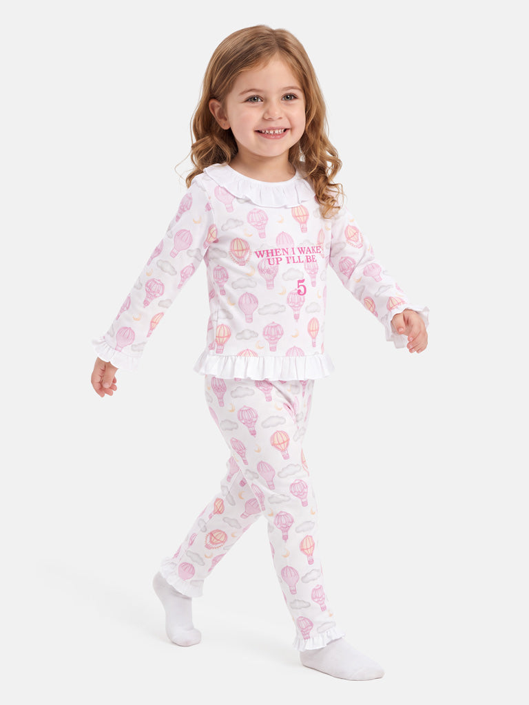 "When I Wake Up" Embroidered Girl 2-Piece Pyjama Set - Hot Air Balloon Collection - Baby Pink