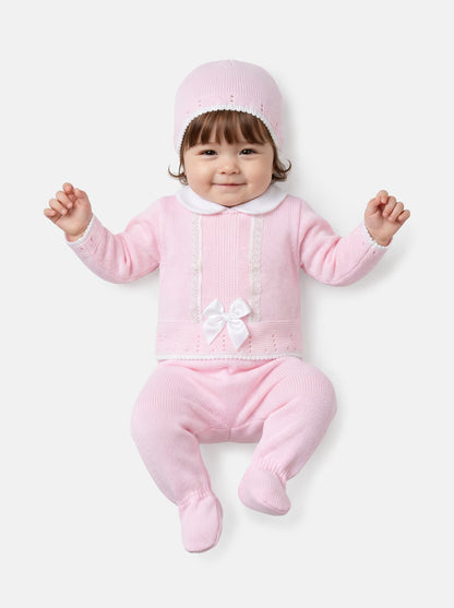 Baby Girl Lace Panel 3-piece Knitted Gift Box Set - Baby Pink