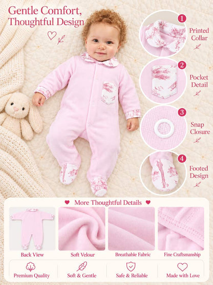 Velour Baby Grow with Printed Pocket - Safari Collection - Baby Pink