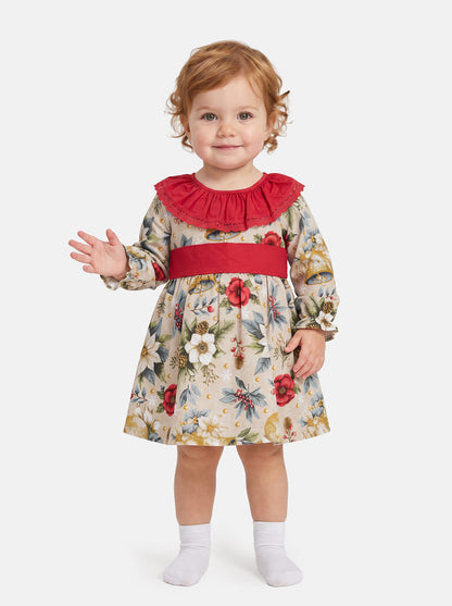 Baby Girl Navidad Collection Dress with Festive Print - Red & Dusty Blue
