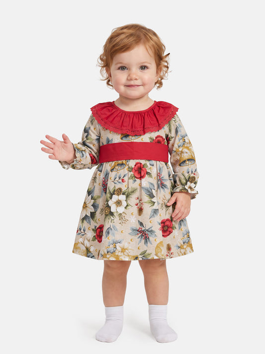 Baby Girl Navidad Collection Dress with Festive Print - Red & Dusty Blue
