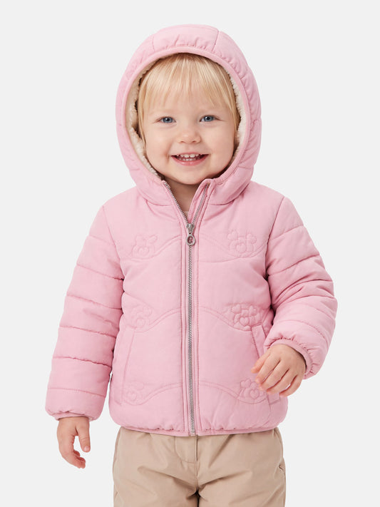 Baby Girl Padded Hooded Coat with Teddy Pattern - Baby Pink