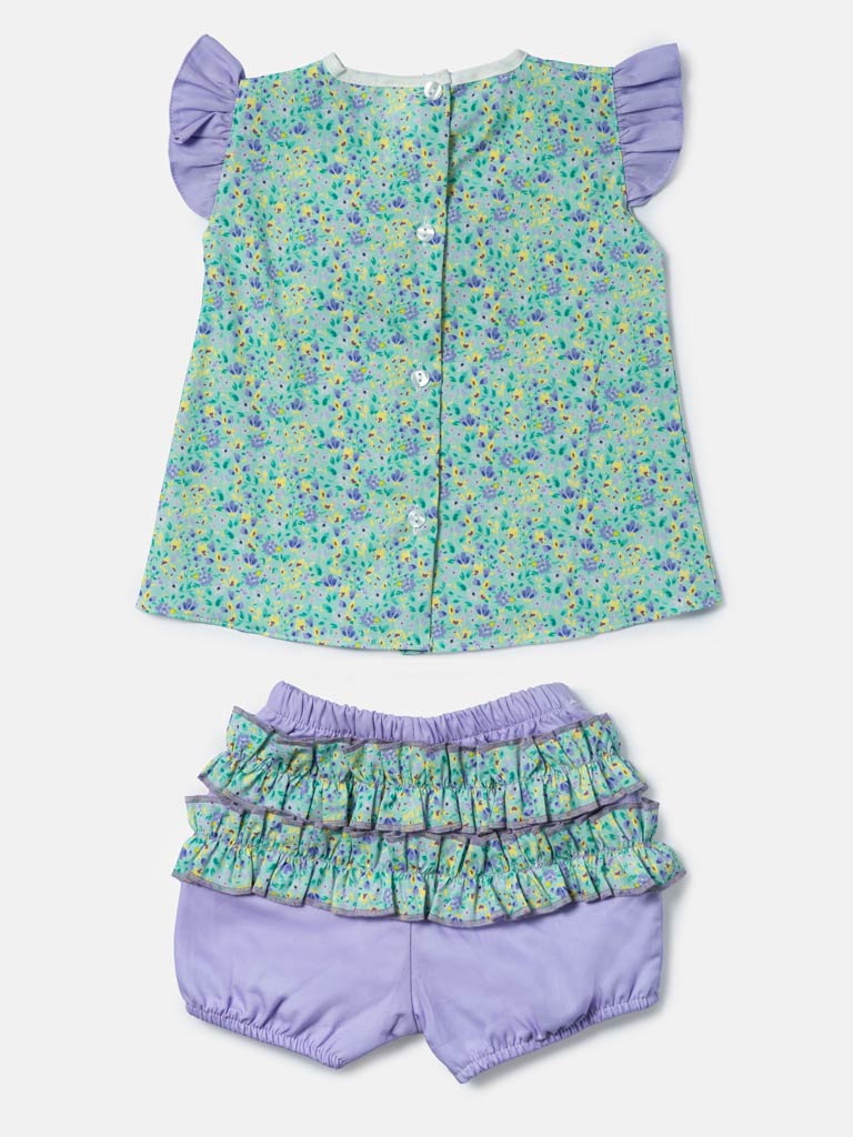 Baby Girl Liana Collection Floral Romper 2-Piece Set - Mint Green & Lilac