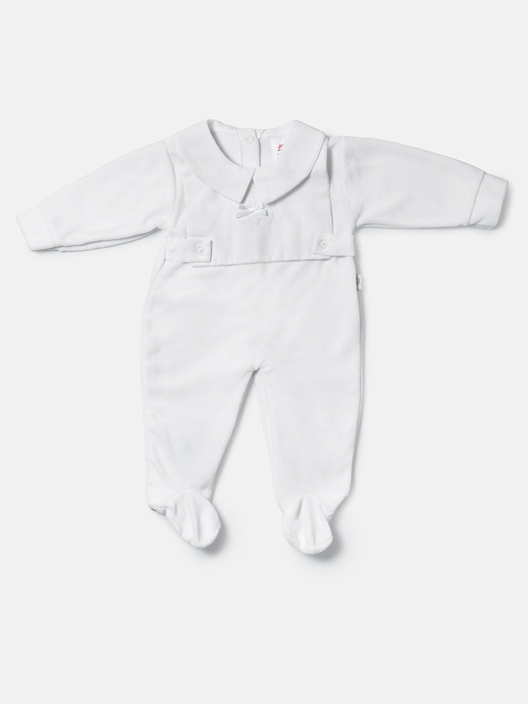 Velour Baby Grow with Peter Pan Collar & Wreath Embroidery - White